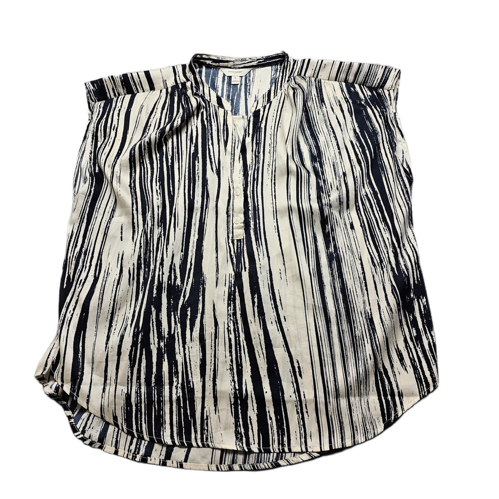 Banana Republic Blouse Top Womens Large Black White Abstract Striped Cap Sleeve